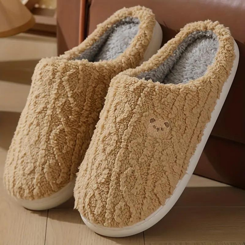 Beige Plüsch-Hausschuhe mit Teddy-Muster, rutschfeste Sohle, gemütlich, warm, Damenmode.