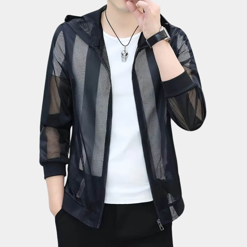 Schwarze Netzjacke mit Kapuze, Reißverschluss, lässig, atmungsaktiv, Damenmode.