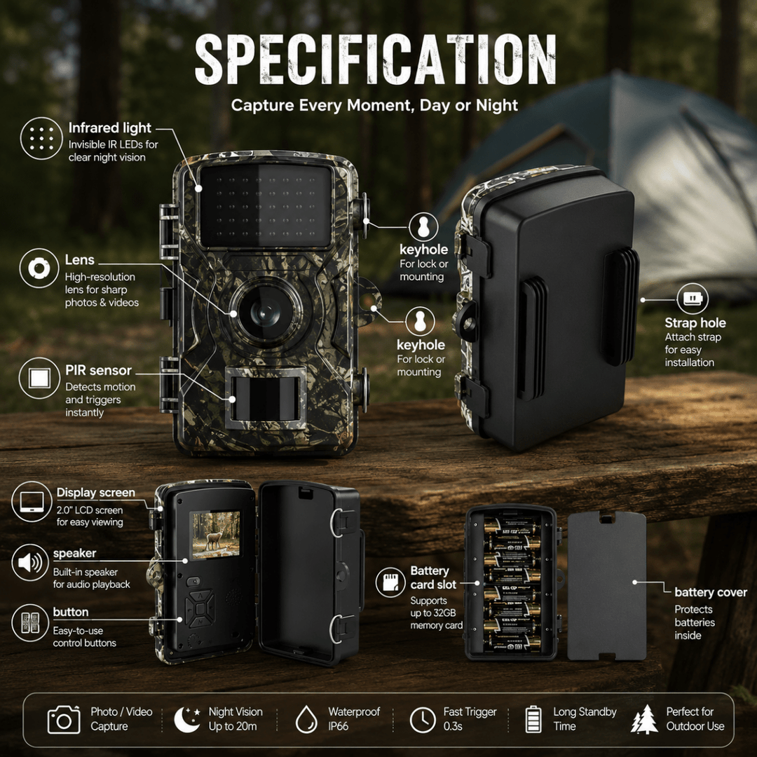 Infografik mit beschrifteten Bauteilen der Kamera: Infrarotlicht, Objektiv, Sensor, Display, Tasten, Lautsprecher, Aufhängeösen, Speicherkartenslot und Batterie 5
