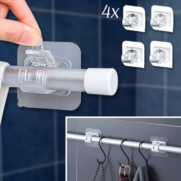 Collage: Hand drückt eine transparente Klemmhalterung für eine Stange an die Wand, daneben vier Halterungen und Haken mit Tasche und Gürtel. 1
