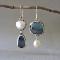 Vintage earrings with blue natural stone and pearl - Amalina