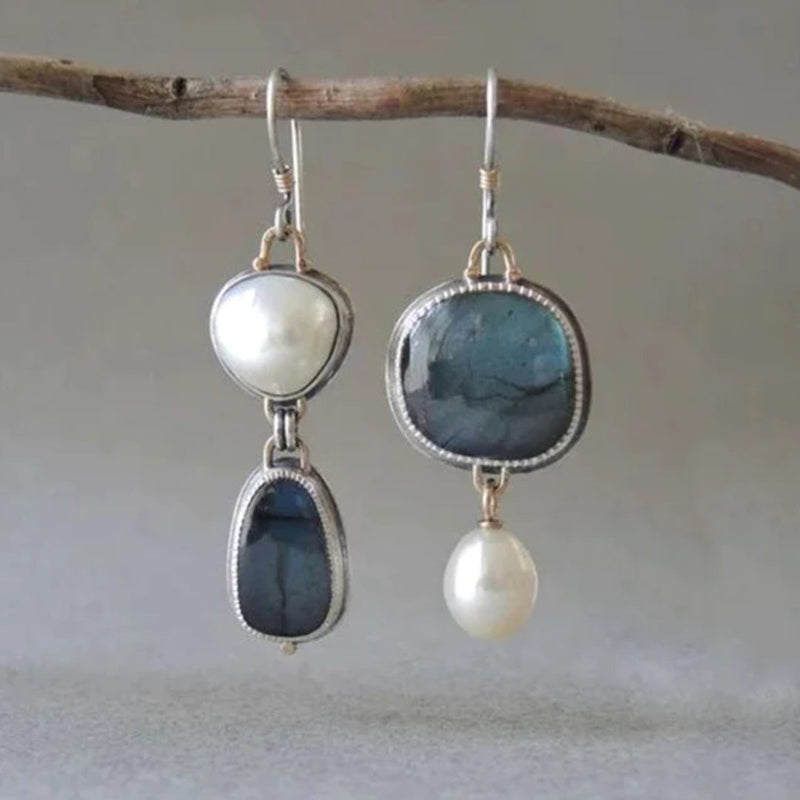 Vintage earrings with blue natural stone and pearl - Amalina