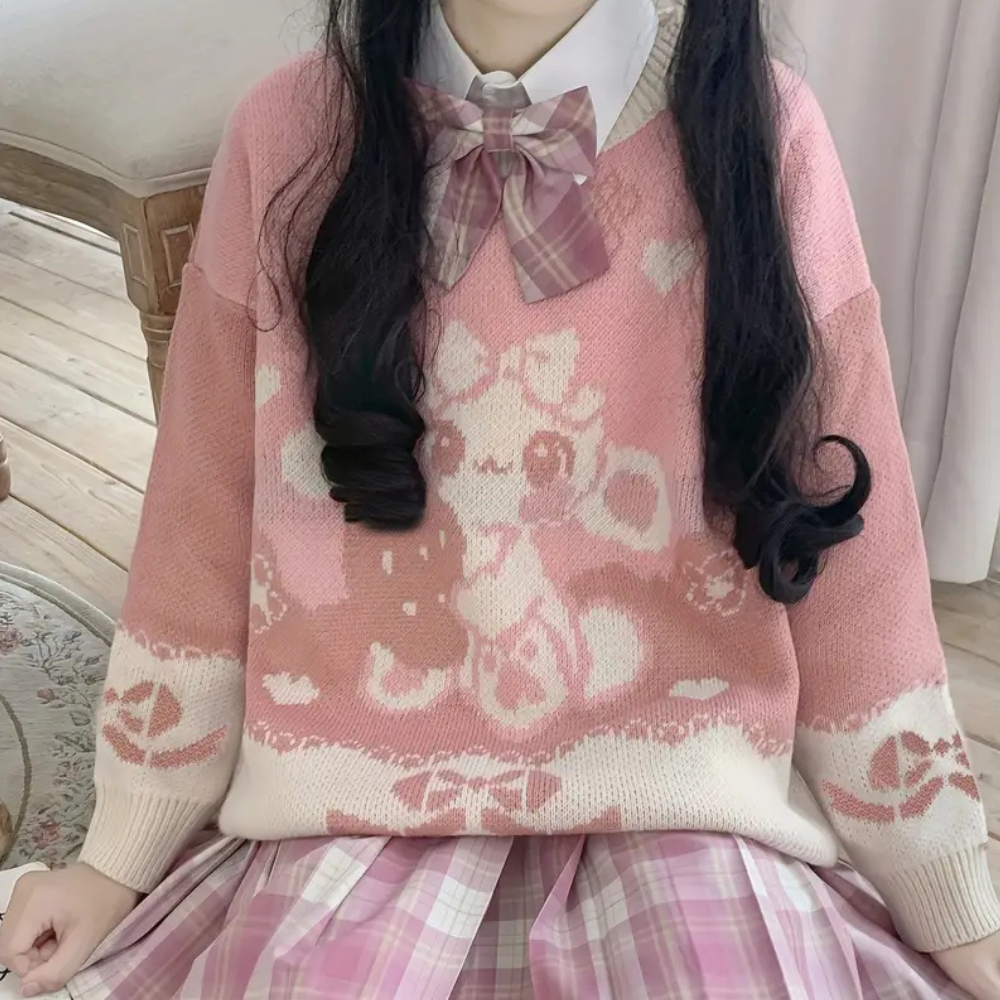 Mädchen in rosa Pullover mit Herzmuster und kariertem Rock, modisch, kawaii-Stil.