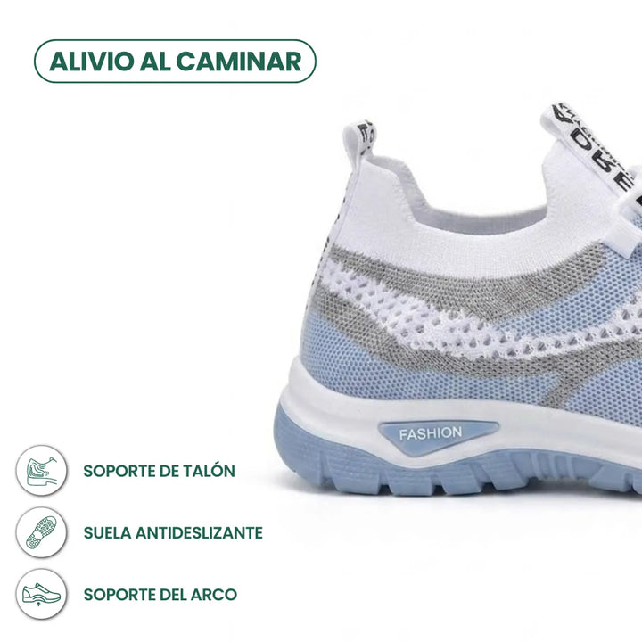 Detailansicht der Ferse des weiß-hellblauen Sneakers mit Infografik-Symbolen zu Fersenhalt, rutschfester Sohle und Fußgewölbeunterstützung. 4
