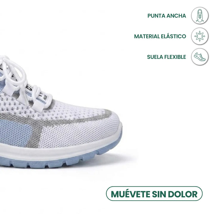 Detailansicht der breiten Schuhspitze des weiß-hellblauen Mesh-Sneakers mit Symbolen für elastisches Material und flexible Sohle. 5