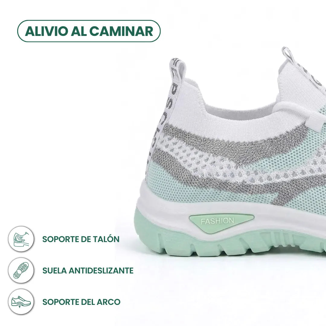 Detailansicht der Ferse des weiß-mintgrünen Sneakers mit Infografik-Symbolen zu Fersenhalt, rutschfester Sohle und Fußgewölbeunterstützung. 13