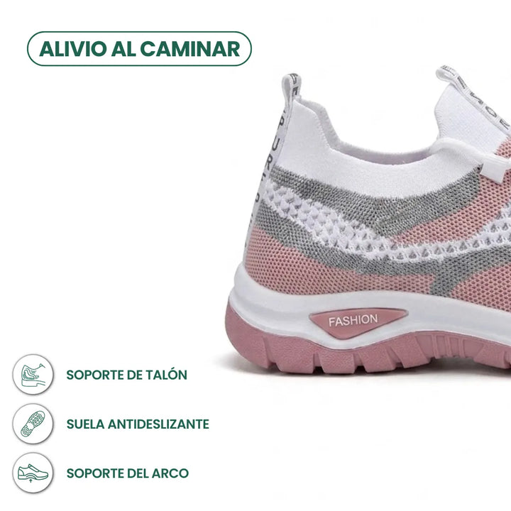 Detailansicht der Ferse eines weiß-rosa-grauen Mesh-Sneakers mit rosa Sohle, daneben Symbole für Fersenhalt, rutschfeste Sohle und Fußgewölbestütze. 22
