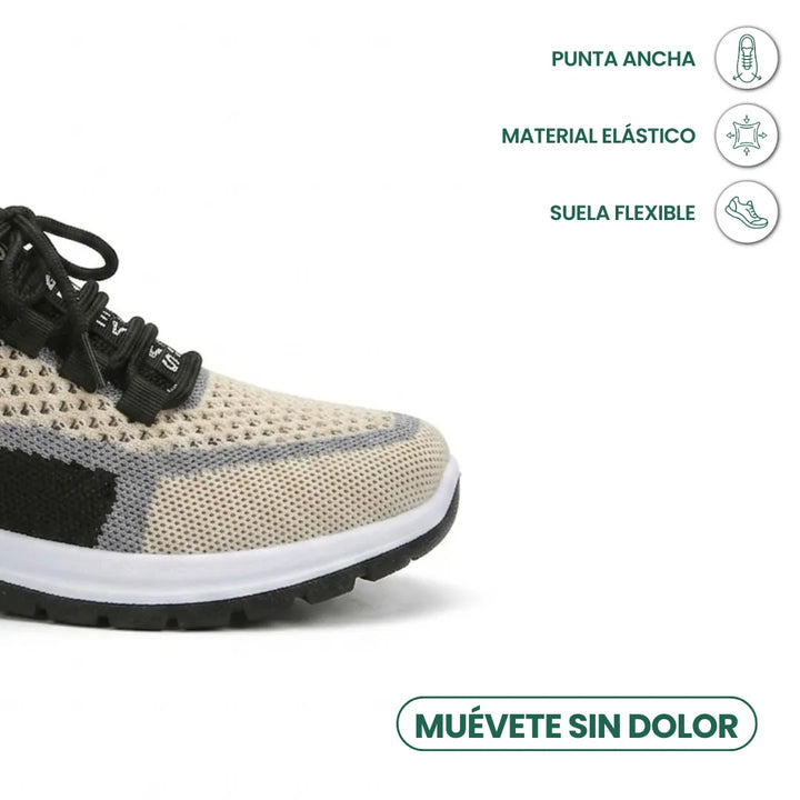 Nahaufnahme der breiten Schuhspitze aus beigem, luftigem Mesh mit schwarzen Schnürsenkeln, weißer Sohle und Symbolen zu Zehenfreiheit, Elastizität und flexibler 41
