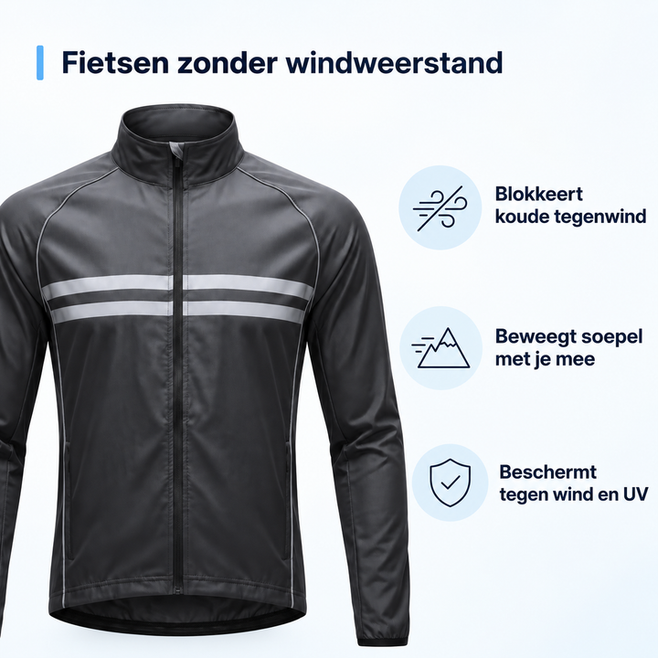 Dunkle Radjacke frontal neben drei Symbolen, die Windschutz, freie Beweglichkeit und Schutz vor Wind und UV-Strahlung erklären. 3