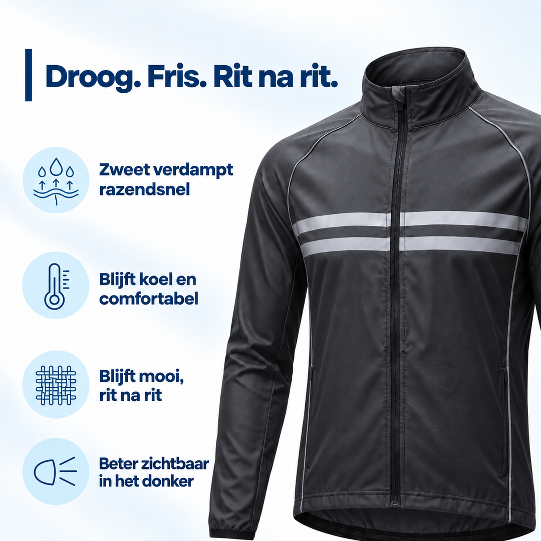 Schräge Ansicht der dunklen Jacke mit vier Symbolen für schnelles Verdunsten von Schweiß, angenehmes Klima, Haltbarkeit und bessere Sichtbarkeit im Dunkeln. 4