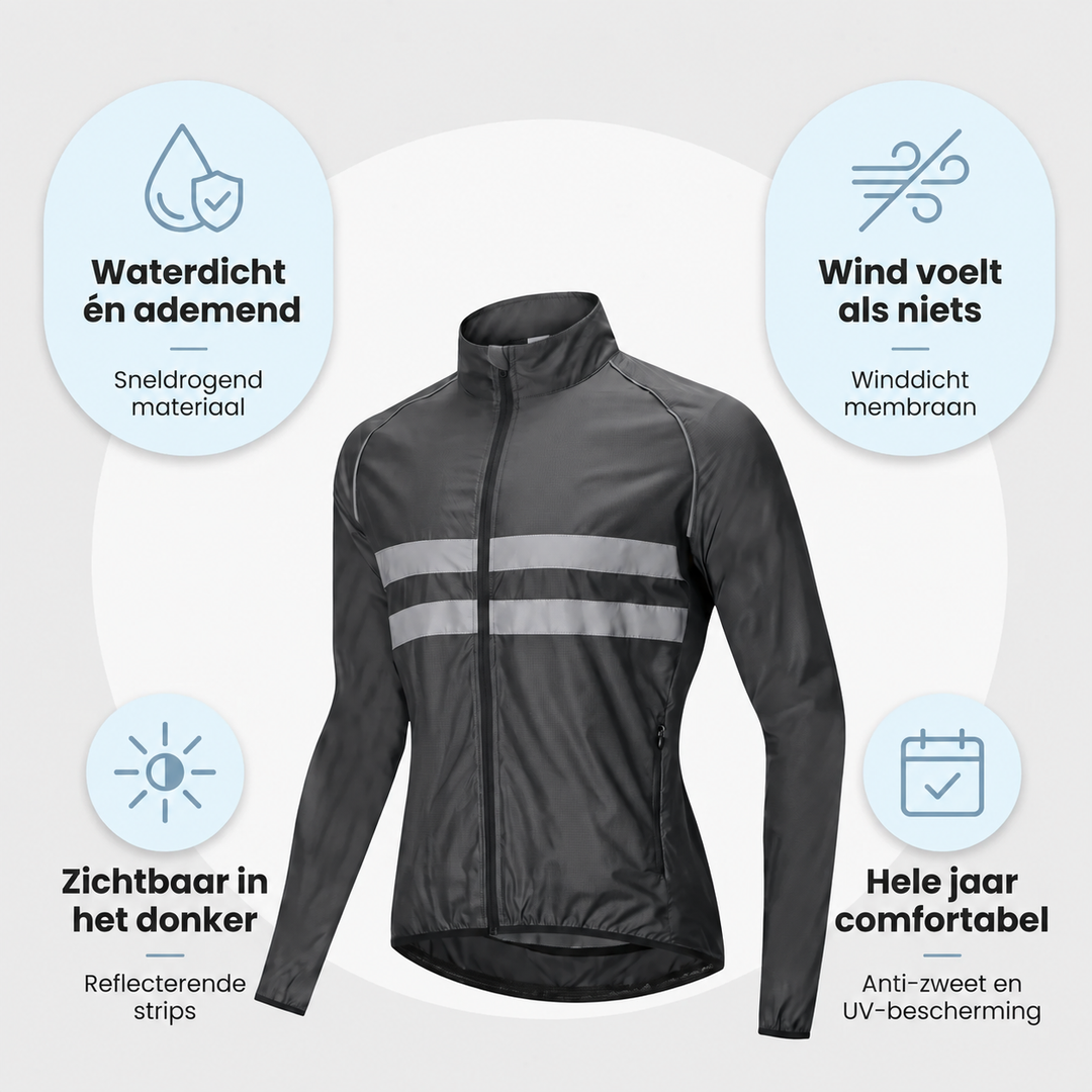 Dunkle Jacke schräg von vorn, umgeben von vier Symbolen zu wasserdichtem, atmungsaktivem Material, Windschutz, Reflexstreifen und Komfort im ganzen Jahr. 7