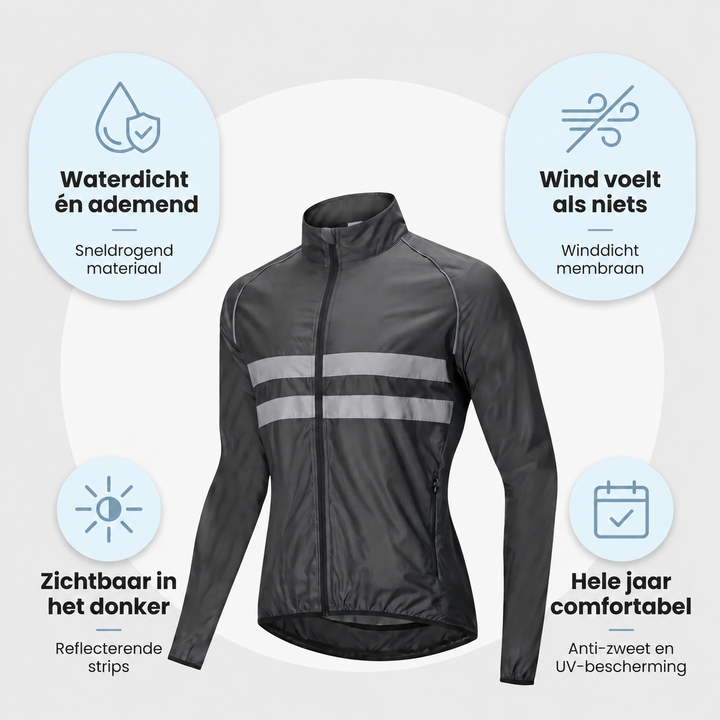 Dunkle Jacke schräg von vorn, umgeben von vier Symbolen zu wasserdichtem, atmungsaktivem Material, Windschutz, Reflexstreifen und Komfort im ganzen Jahr. 7