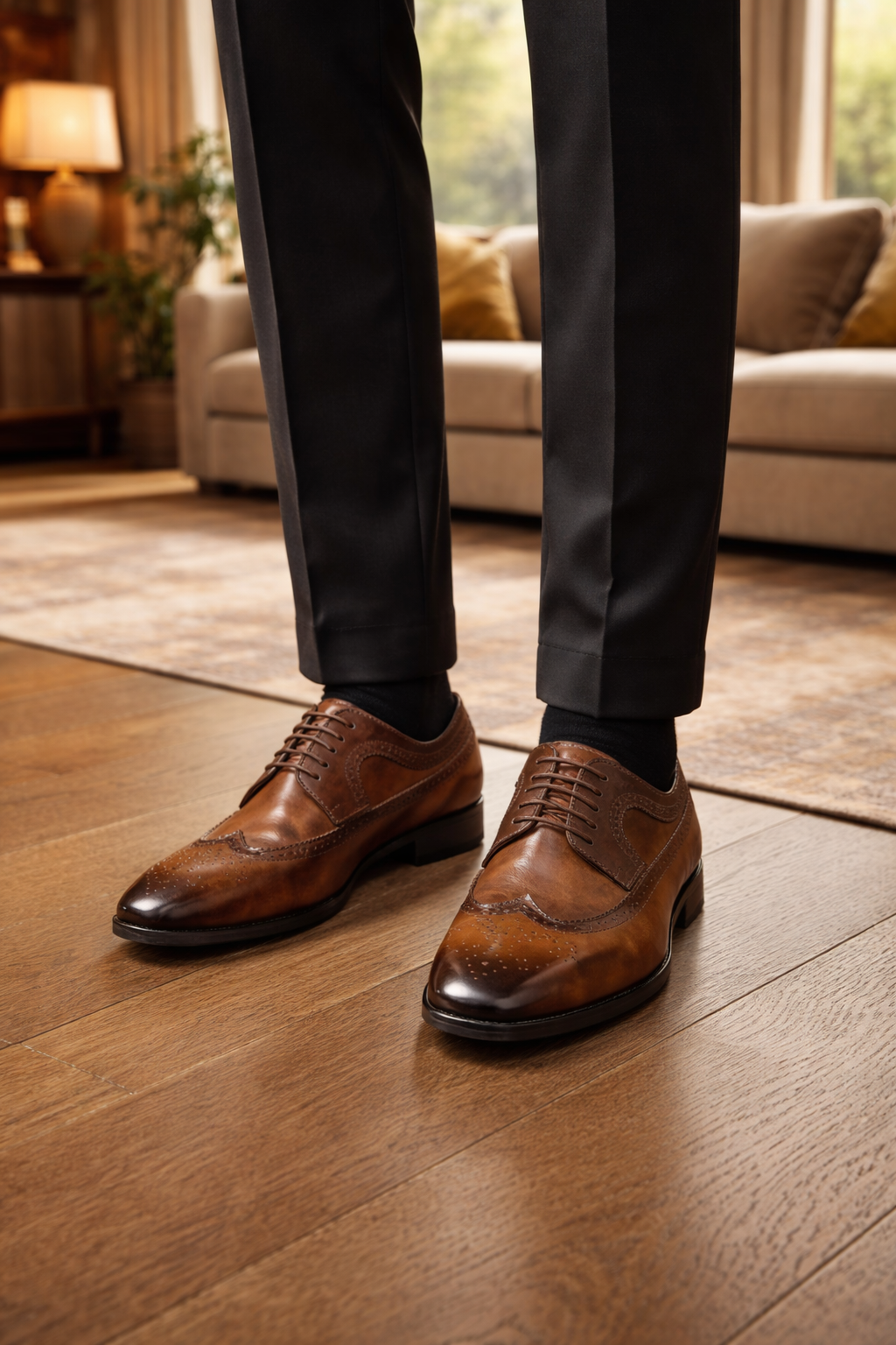 Braune Lederschuhe mit Lochmuster, getragen zu dunkler Anzughose und schwarzen Socken, im Stehen auf einem Holzboden im Wohnzimmer. 1