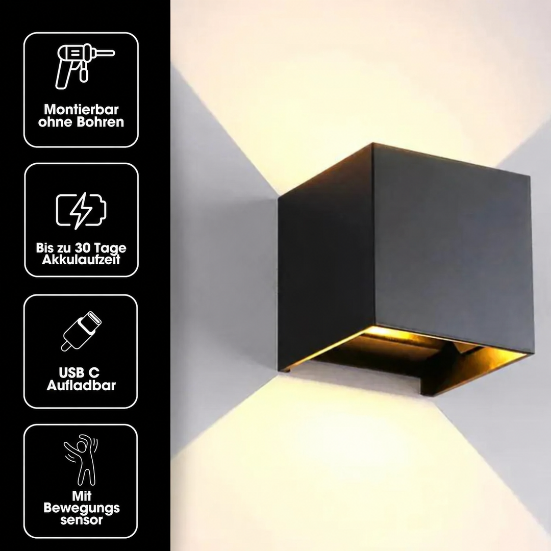 Schwarze Würfelleuchte mit vier Symbolen links für Montage ohne Bohren, Akkulaufzeit, USB-C-Aufladung und Bewegungssensor. 18