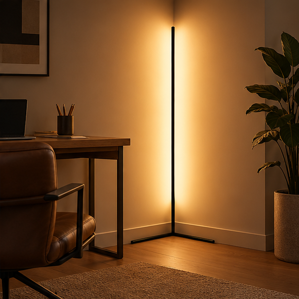 Schwarze LED-Eck-Stehlampe im Arbeitszimmer neben Schreibtisch, Ledersessel und großer Zimmerpflanze, die Wand warm beleuchtend. 3
