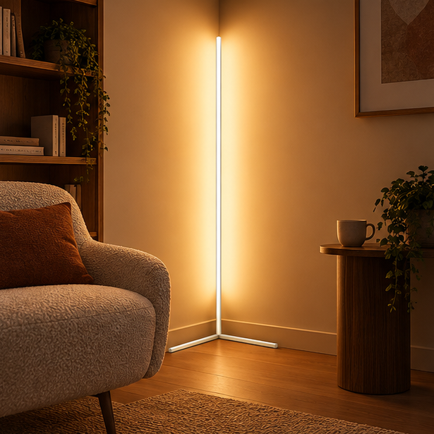 Weiße LED-Eck-Stehlampe leuchtet warm in einer Zimmerecke neben Bücherregal, Polstersessel und rundem Beistelltisch mit Tasse. 2