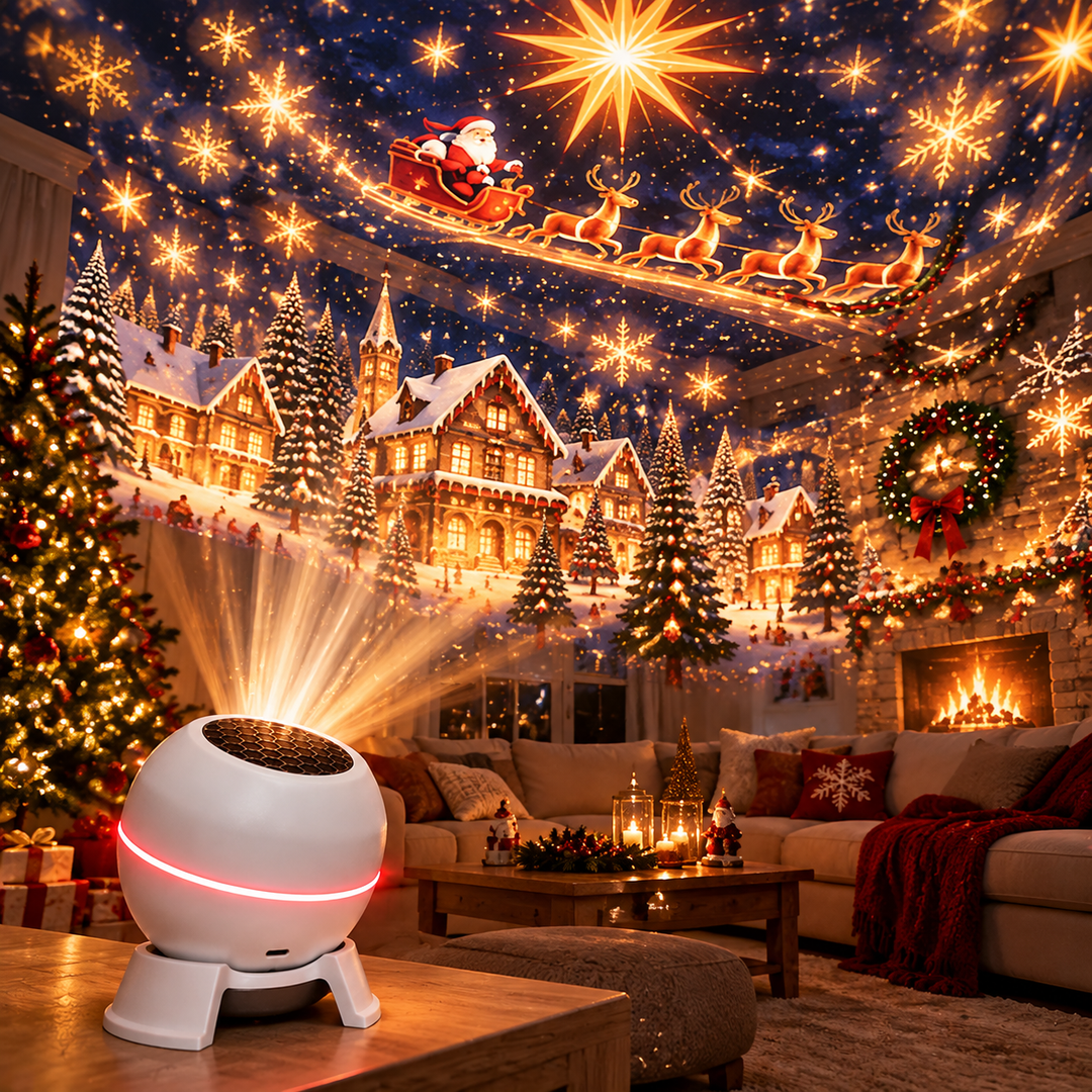 Seitlich geneigter weißer Projektor strahlt Lichtbündel auf Decke und Wände eines Wohnzimmers mit Tannenbaum, Kamin, Kranz und Sofa voller Kissen. 6