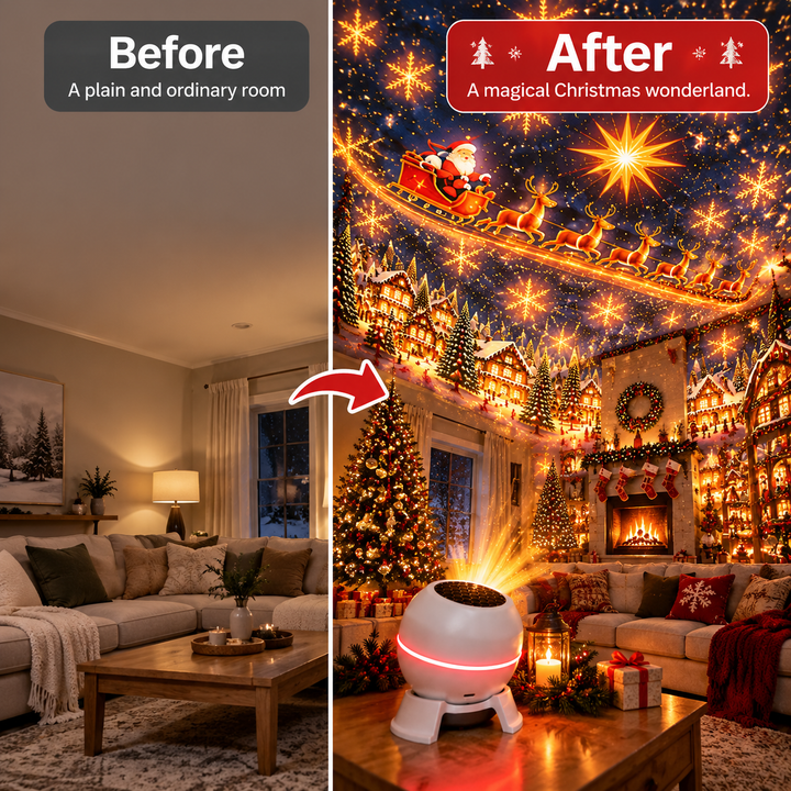 Vorher-nachher-Vergleich: links ein schlichtes Wohnzimmer, rechts derselbe Raum mit Projektor, der Sterne, Schneeflocken und einen Weihnachtsmann an die Decke z 3