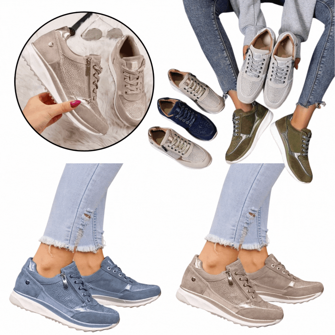 Collage der Sneaker in mehreren Farben, getragen und liegend, mit Detailansicht des Reißverschlusses im Kreis 7