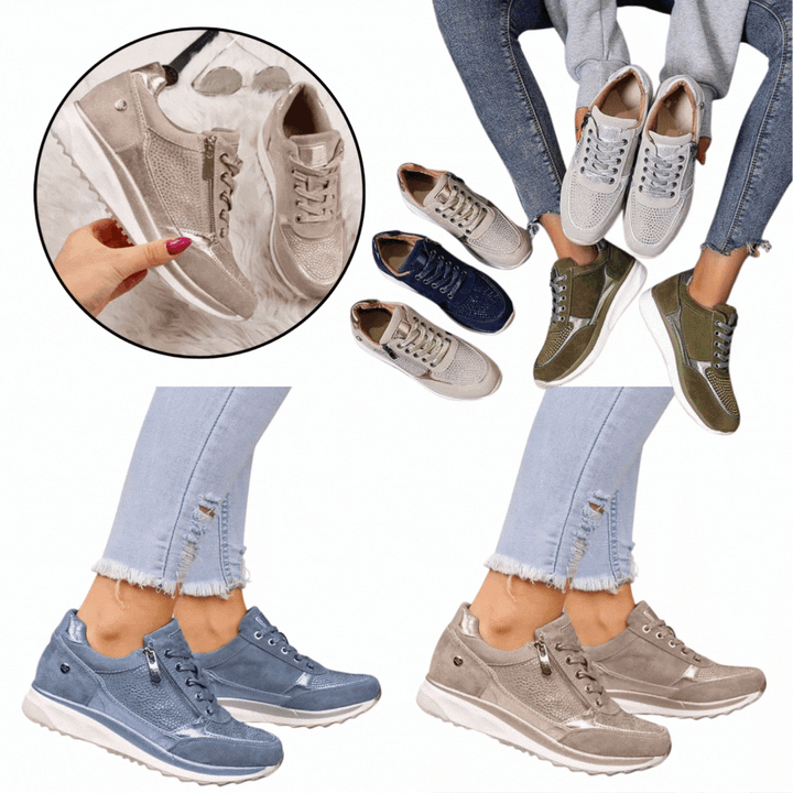 Collage der Sneaker in mehreren Farben, getragen und liegend, mit Detailansicht des Reißverschlusses im Kreis 7