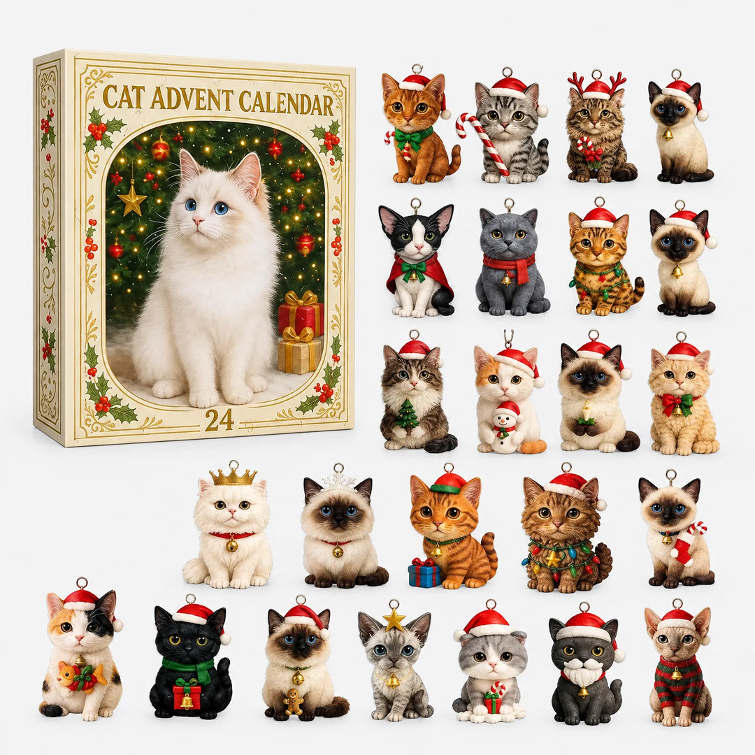 Verpackungsschachtel mit weißer Katze und Weihnachtsbaum, daneben alle 24 verschiedenen Katzen-Anhänger übersichtlich nebeneinander ausgelegt. 2