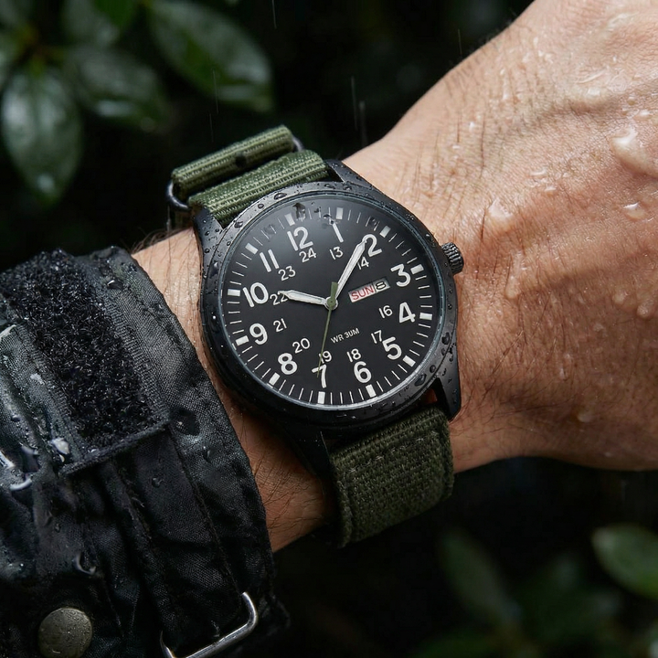 Am Handgelenk getragene Uhr im Regen, Wassertropfen auf Gehäuse und Haut, grünes Armband, schwarzes Zifferblatt mit Datumsanzeige. 3