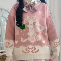 Rosa Pullover mit niedlichem Tiermotiv, Herzmuster, Schleife, Damenmode, kawaii Stil.