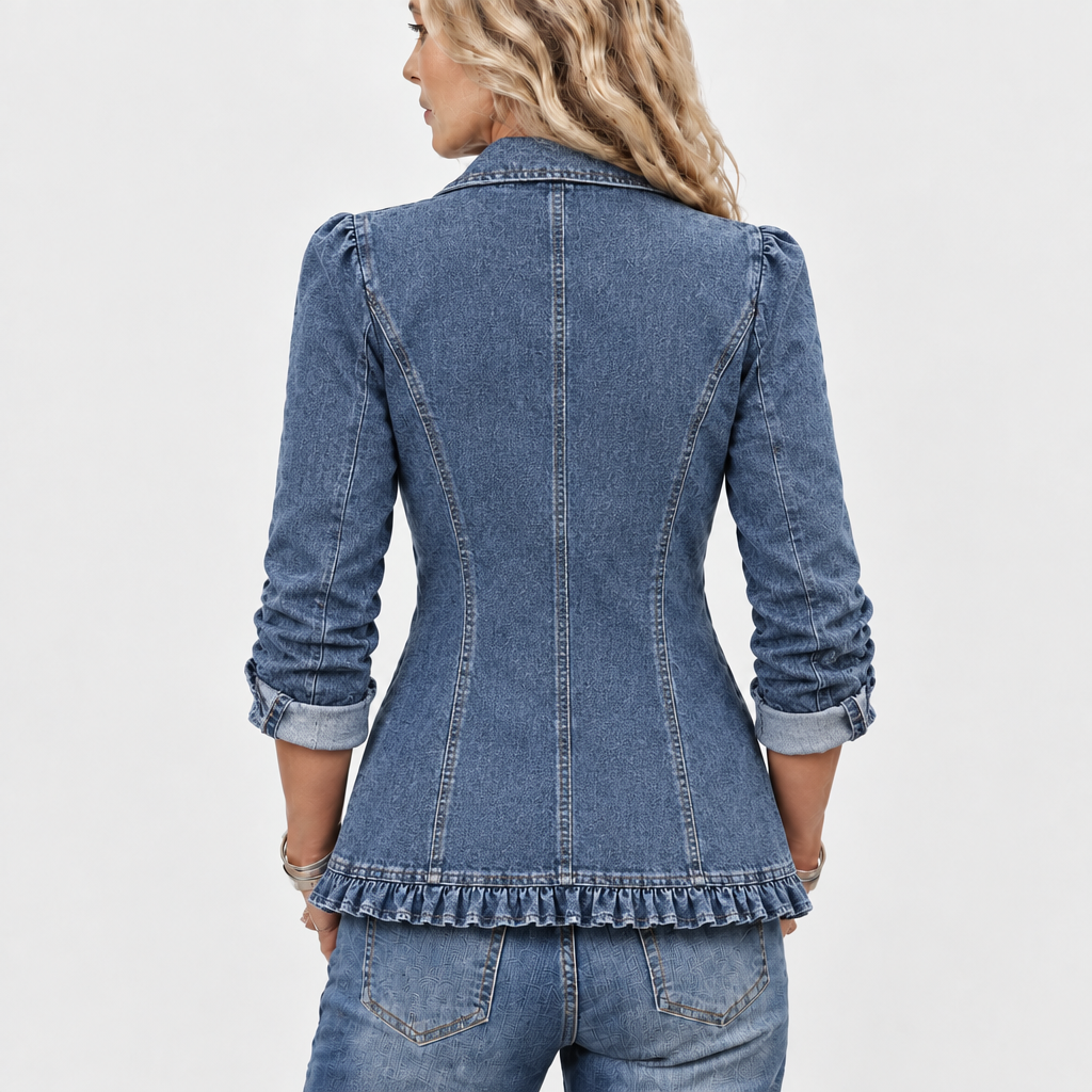 Rückansicht der blauen Jeansjacke mit Teilungsnähten, Rüschensaum und umgeschlagenen Ärmeln an einem Model 5