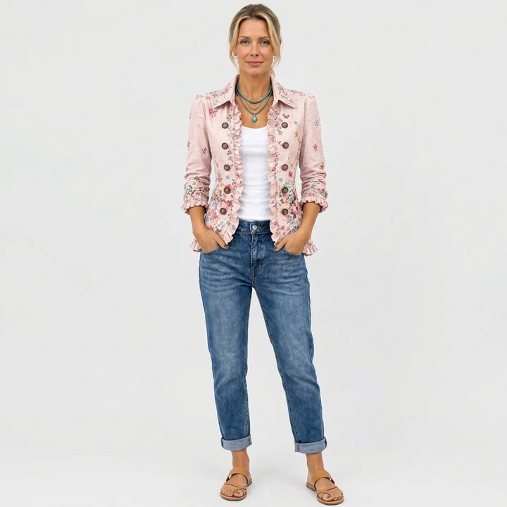 Ganzkörperaufnahme: Model trägt die rosa Blumenjacke offen zu weißem Top, hochgekrempelter Jeans und hellbraunen Sandalen. 4