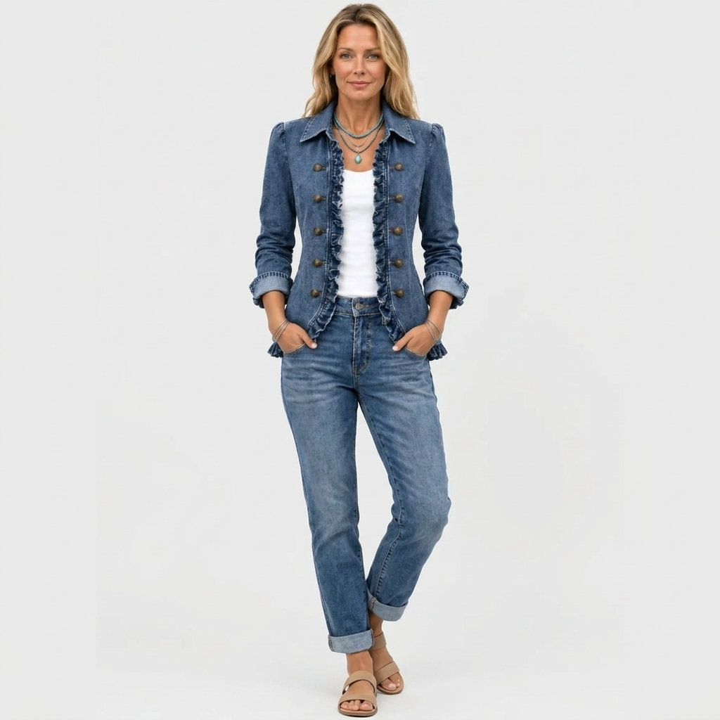 Ganzkörperansicht: Model trägt die Jeansjacke mit Rüschen zu Jeans mit umgeschlagenem Saum und beigen Sandalen 3
