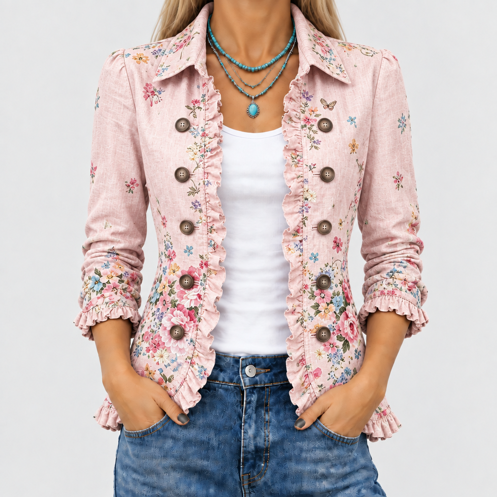 Nahaufnahme des Oberkörpers: rosa Blumenjacke mit Rüschenkante, Knopfreihen und Kragen, offen getragen über weißem Top und Jeans. 1