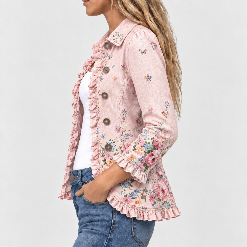 Seitenansicht der rosa Blumenjacke mit Rüschen an Vorderkante, Ärmelsaum und Saum, die Knopfleiste ist gut zu erkennen. 3