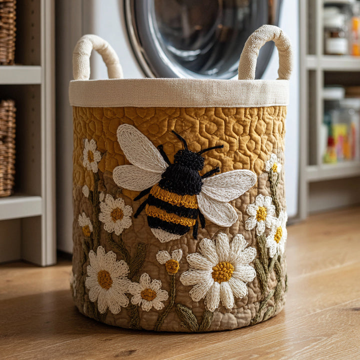 Gesteppter Korb in Senfgelb und Beige mit gestickter Biene und Gänseblümchen, cremefarbener Rand und Henkel, vor einer Waschmaschine am Boden. 1