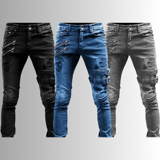 Men's Denim Jeans with Buckles and Zippers - TitanEdge