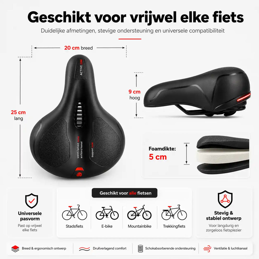 Maßgrafik des Sattels mit Breite, Länge, Höhe und fünf Zentimetern Schaumdicke sowie Symbolen für Stadtrad, E-Bike, Mountainbike und Trekkingrad. 17