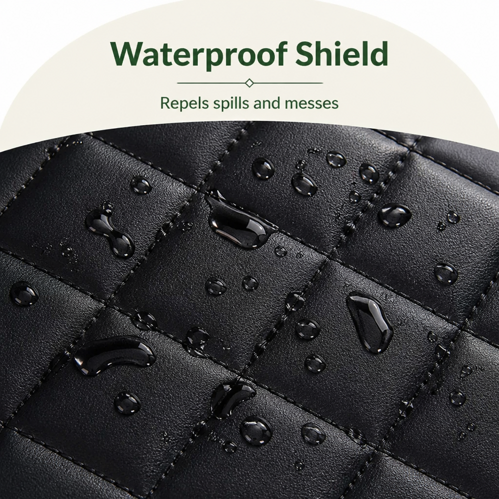 Nahaufnahme der schwarzen Steppoberfläche mit Wassertropfen, die auf dem glatten Material abperlen und die wasserabweisende Wirkung zeigen. 3