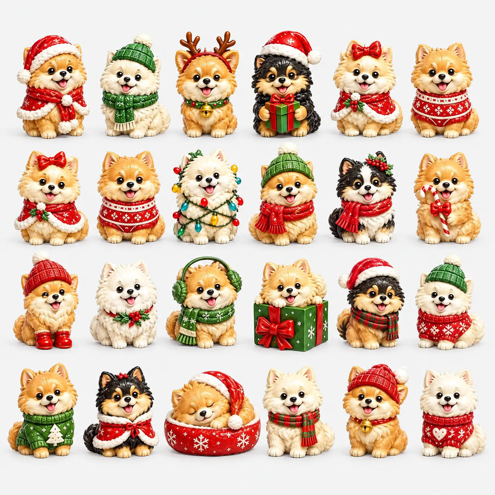Übersicht aller 24 Hundefiguren im Pomeranian-Stil mit Weihnachtsmützen, Schals, Pullovern und Geschenken in Reihen vor weißem Hintergrund. 2