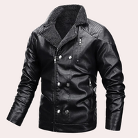 Schwarze Lederjacke mit Reißverschlüssen und Knöpfen, Herrenmode, Winterjacke, stilvoll.