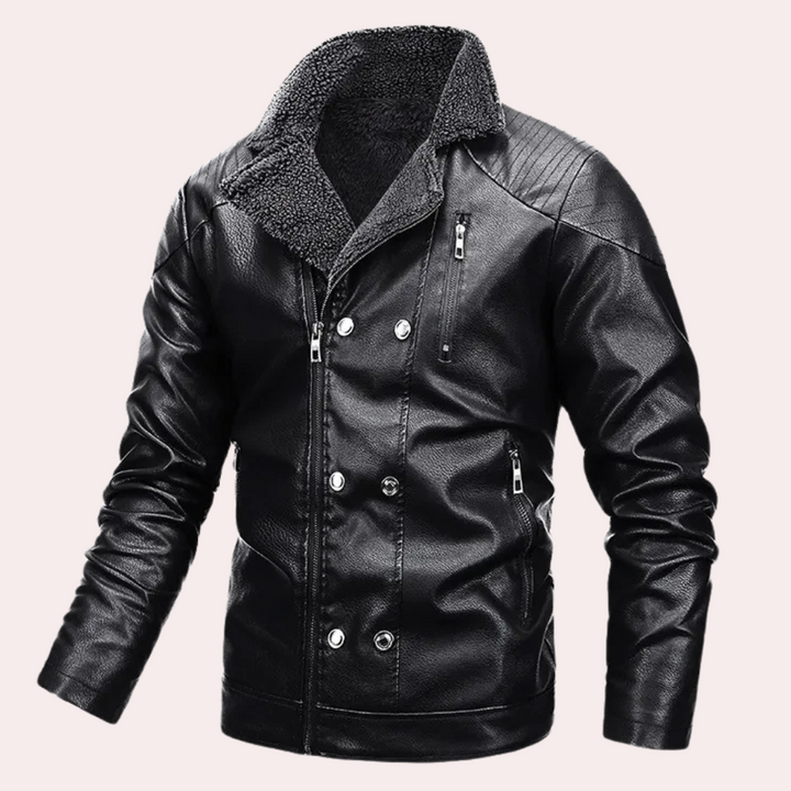 Schwarze Lederjacke mit Reißverschlüssen und Knöpfen, Herrenmode, Winterjacke, stilvoll.