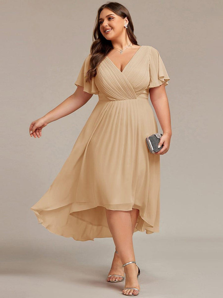 Chiffon Hoch-Tief Hochzeitsgastkleid mit V-Ausschnitt und kurzen Ärmeln 153
