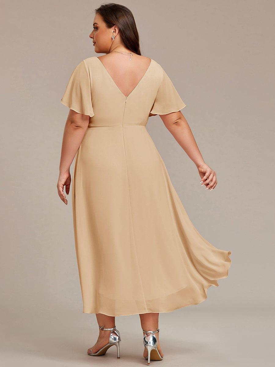 Chiffon Hoch-Tief Hochzeitsgastkleid mit V-Ausschnitt und kurzen Ärmeln 154