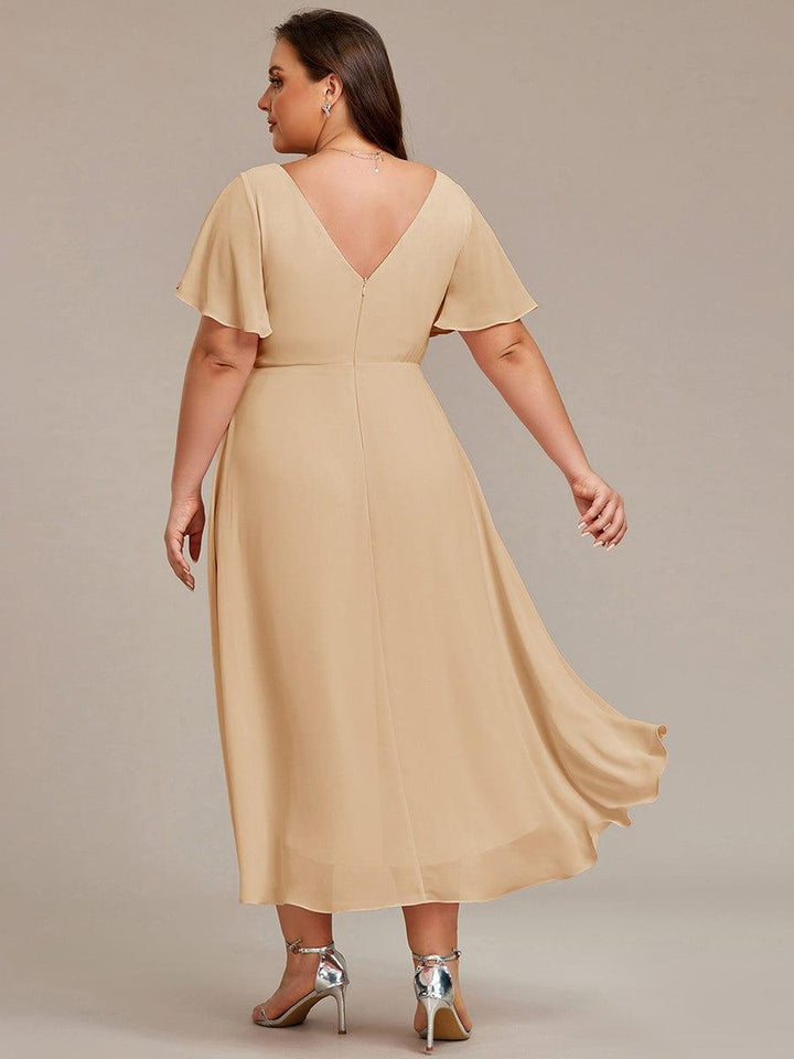 Chiffon Hoch-Tief Hochzeitsgastkleid mit V-Ausschnitt und kurzen Ärmeln 154