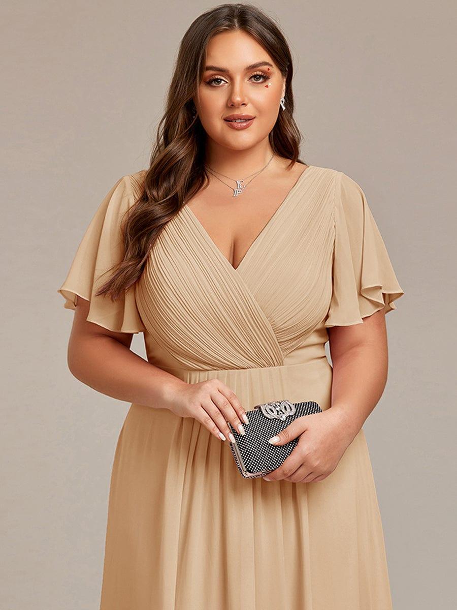 Chiffon Hoch-Tief Hochzeitsgastkleid mit V-Ausschnitt und kurzen Ärmeln 155