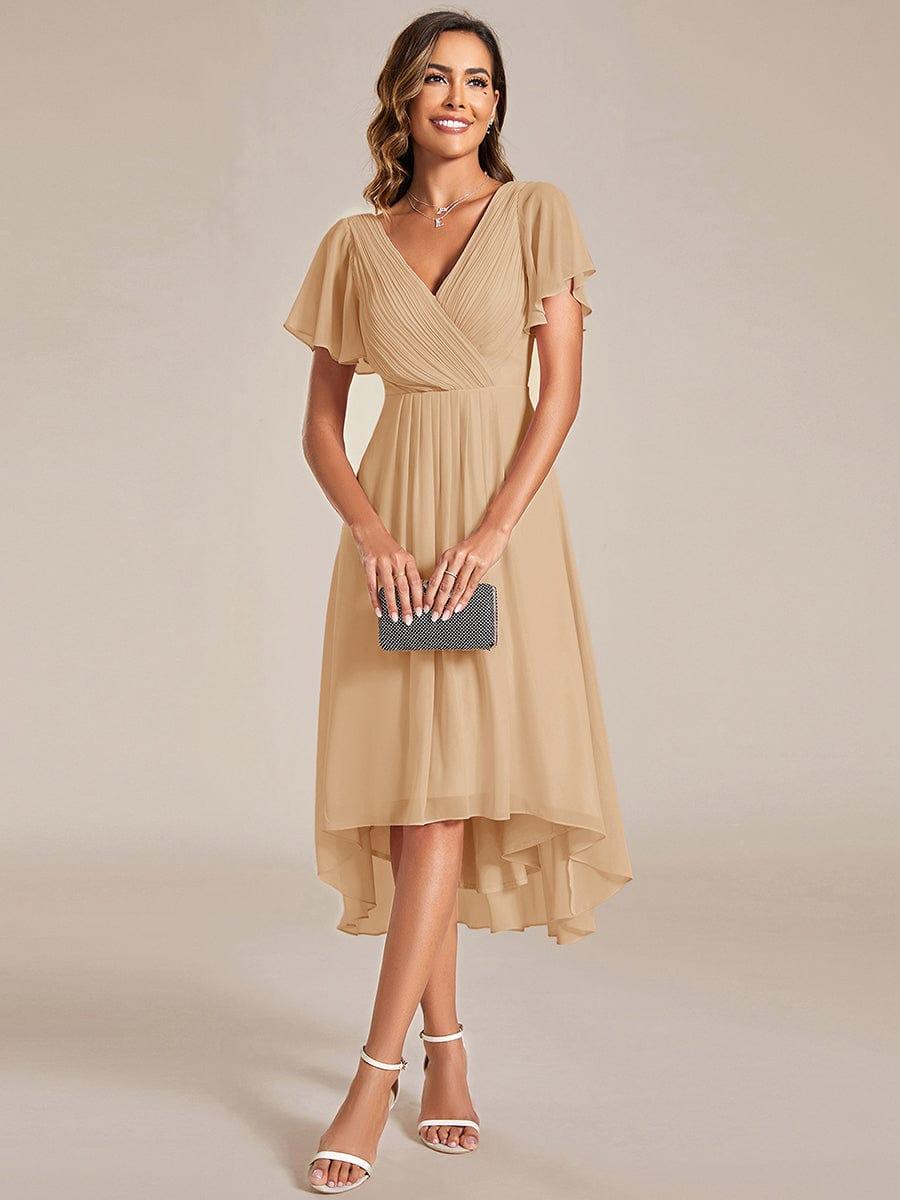Chiffon Hoch-Tief Hochzeitsgastkleid mit V-Ausschnitt und kurzen Ärmeln 150