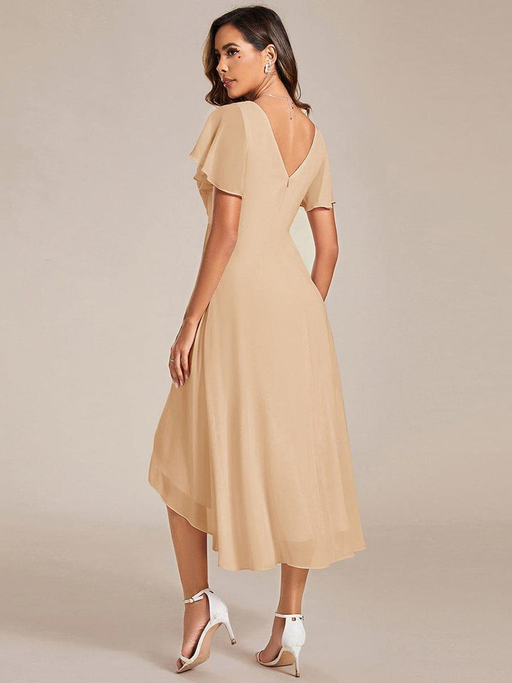 Chiffon Hoch-Tief Hochzeitsgastkleid mit V-Ausschnitt und kurzen Ärmeln 151