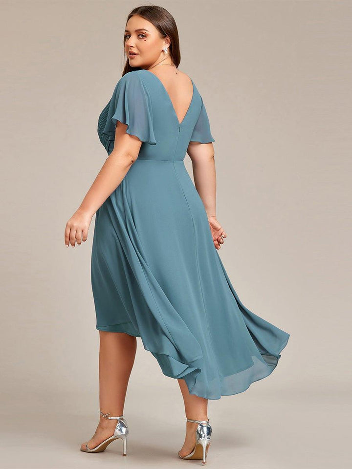 Chiffon Hoch-Tief Hochzeitsgastkleid mit V-Ausschnitt und kurzen Ärmeln 114