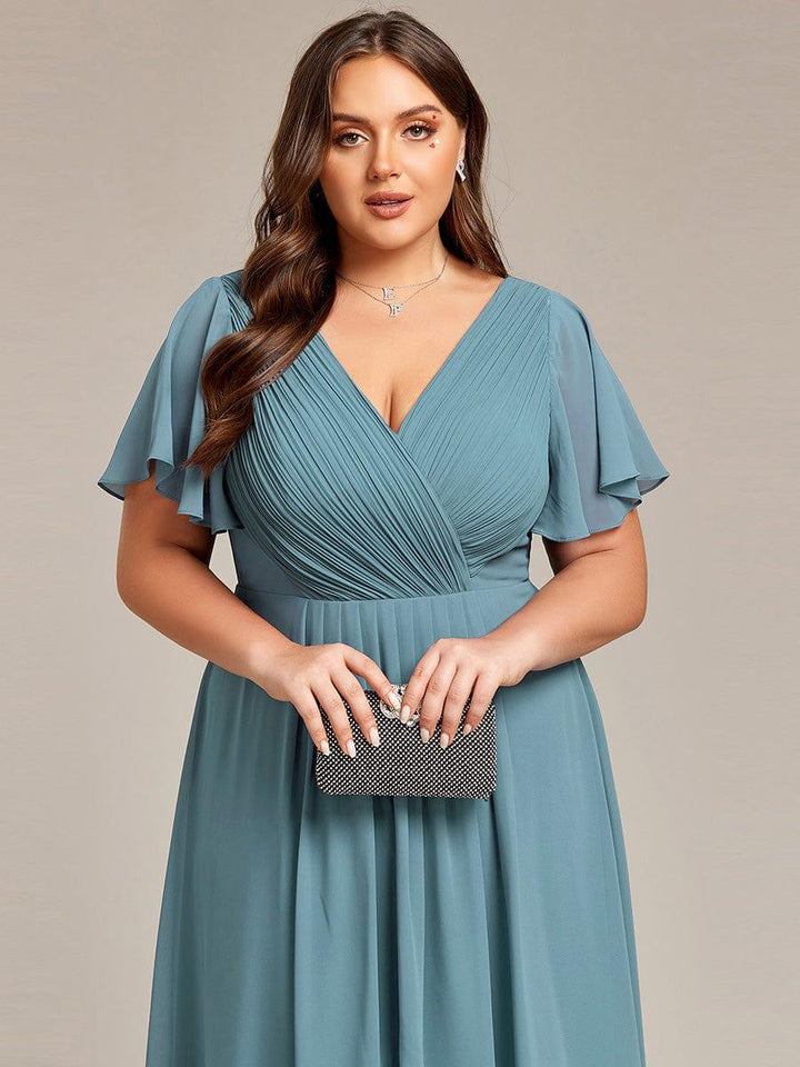 Chiffon Hoch-Tief Hochzeitsgastkleid mit V-Ausschnitt und kurzen Ärmeln 115