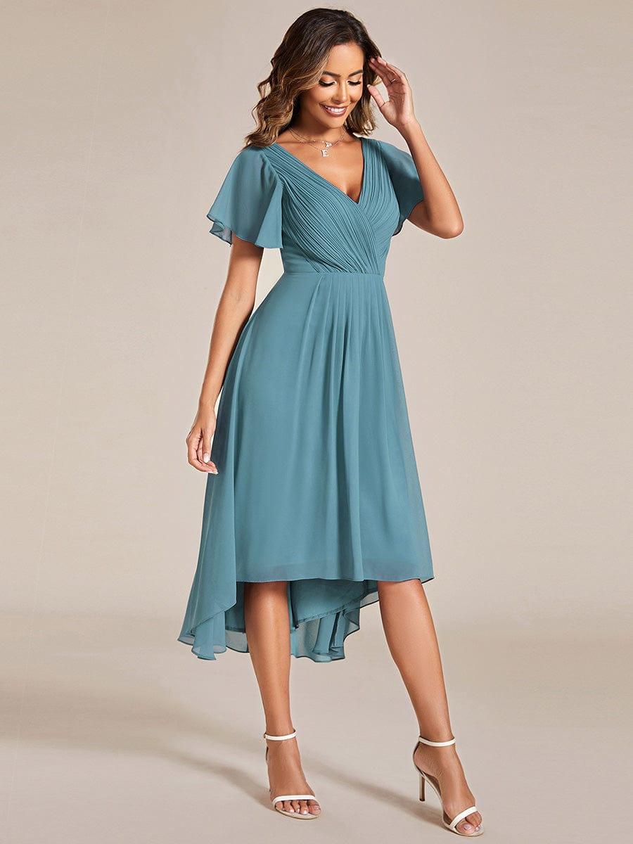 Chiffon Hoch-Tief Hochzeitsgastkleid mit V-Ausschnitt und kurzen Ärmeln 112