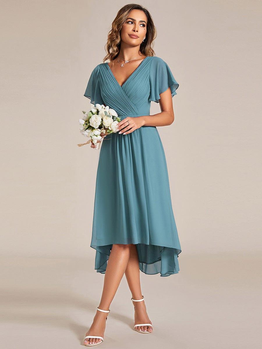 Chiffon Hoch-Tief Hochzeitsgastkleid mit V-Ausschnitt und kurzen Ärmeln 110