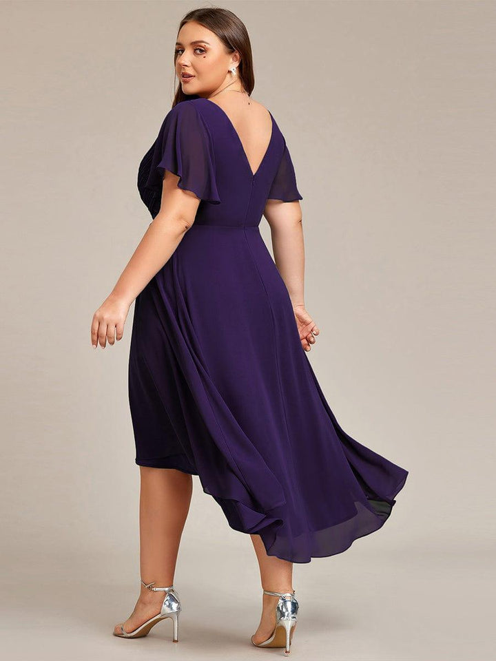 Chiffon Hoch-Tief Hochzeitsgastkleid mit V-Ausschnitt und kurzen Ärmeln 122